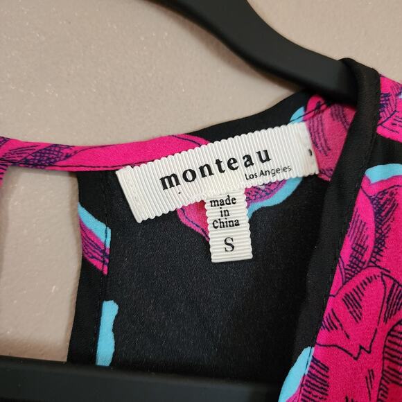 Monteau Womens Maxi Wrap Dress Size S Pink Black Floral Tie Front Kimono Sleeve - Picture 8 of 11